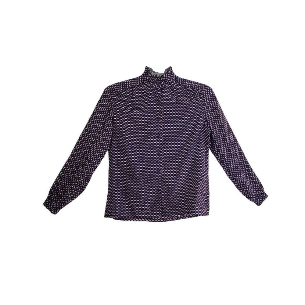 Vintg Late 70's Early 80's Button-Up Shirt Women's S Navy Geometric High Collar